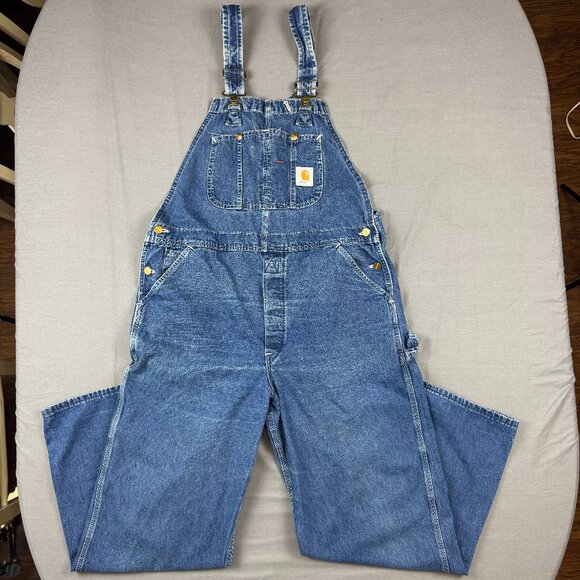 Carhartt Bib Overalls Mens 38x30 Blue Denim Carpenter Workwear Farm - Picture 1 of 12